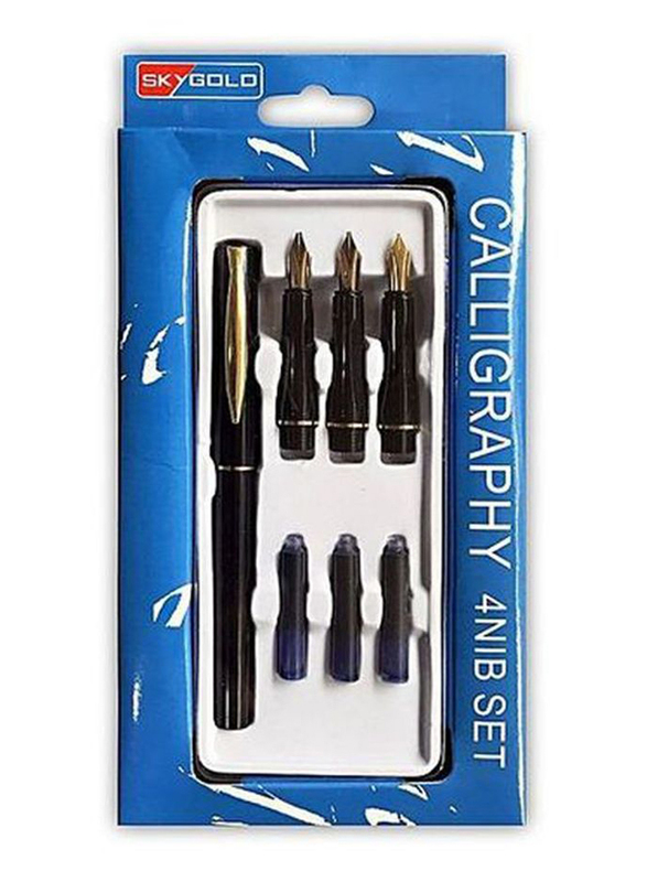 Topsky 4-Piece Calligraphy Fountain Stylo Pen with Nib & Ink Refill Set, Black/Gold