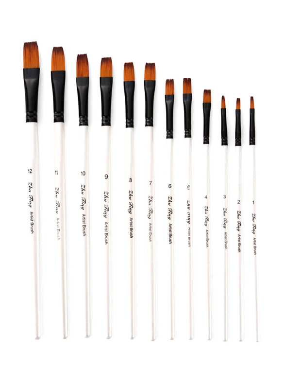 12-Piece Professional Flat Paint Brush Set, White/Black