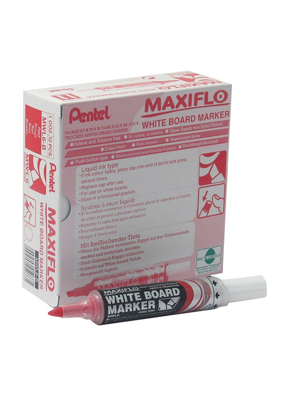 Pentel 12-Piece Maxiflo Chisel Tip White Board Marker Set, Red