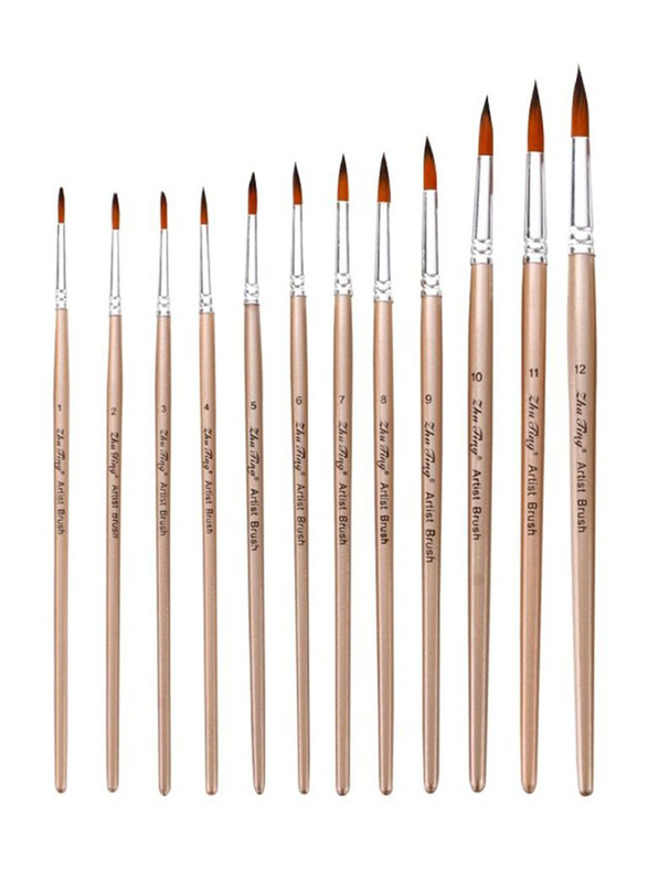 Zhu Ting Round Pointed Tip Paint Brush Set, 12 Pieces, Rose Gold/Silver