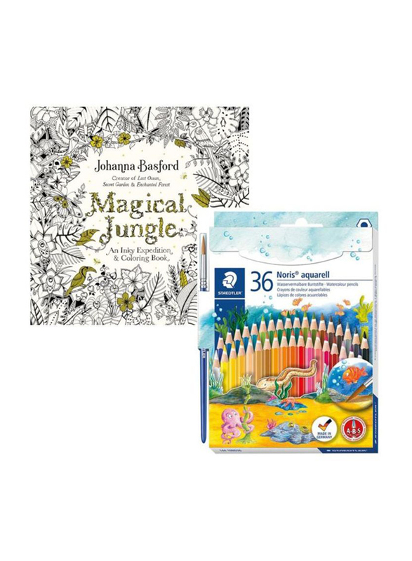 Staedtler 37-Piece Noris Aquarell Watercolour Pencil Set with Colouring Book, Yellow/Red/Blue
