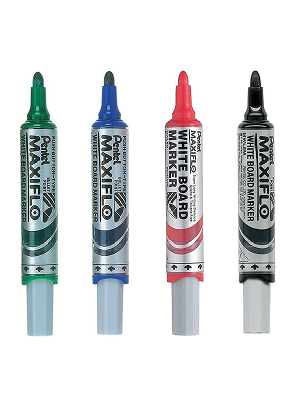 Pentel 4-Piece MaxiFlo Bullet Point Whiteboard Marker Set, Multicolor