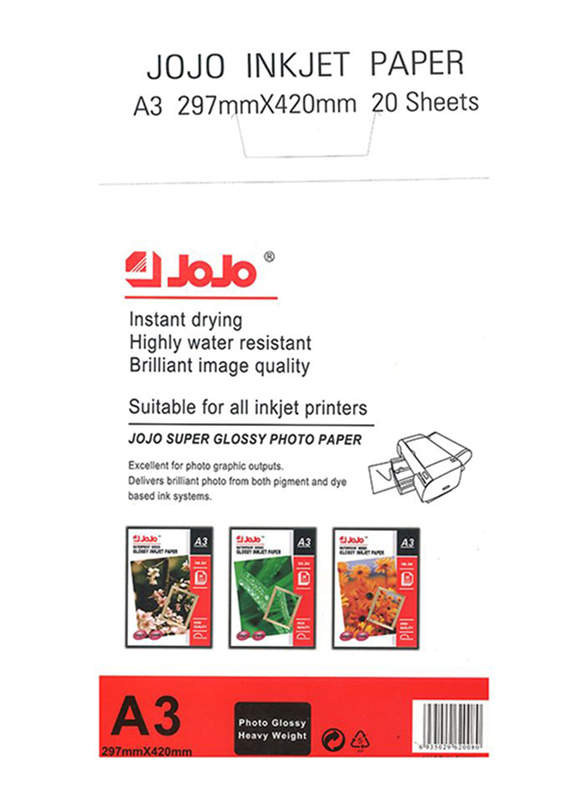 Jojo Waterproof Glossy Inkjet Photo Paper, 20-Sheets, 200 GSM, A3 Size, White