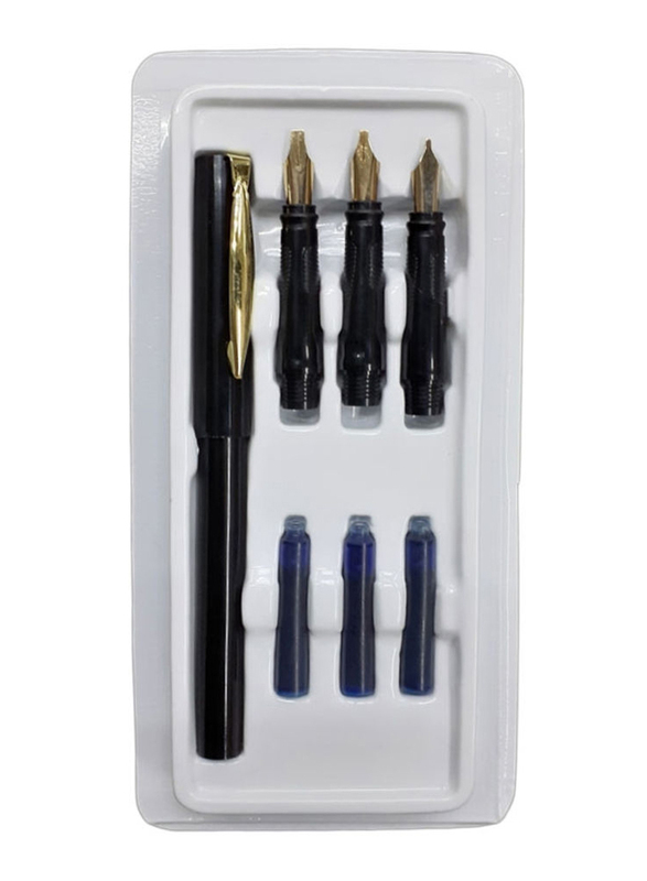 Topsky 4-Piece Calligraphy Fountain Stylo Pen with Nib & Ink Refill Set, Black/Gold