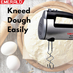 Emerald Hand Mixer, with Pulse Button & Dough Hooks, 300W, Black/Silver