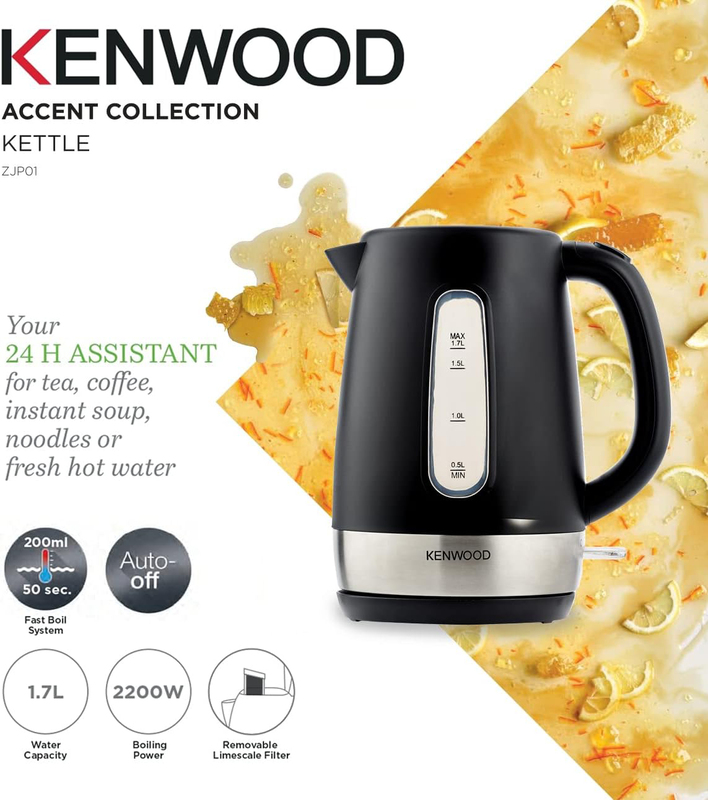 Kenwood 1.7L Cordless Electric Kettle, 2200W, ZJP01.A0BK, Black/Silver