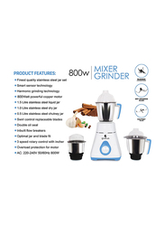 Gratus Mixer Grinder with 3 Strong Steel Jars and Powerful Copper Motor, 800W, GMG8003TI, White