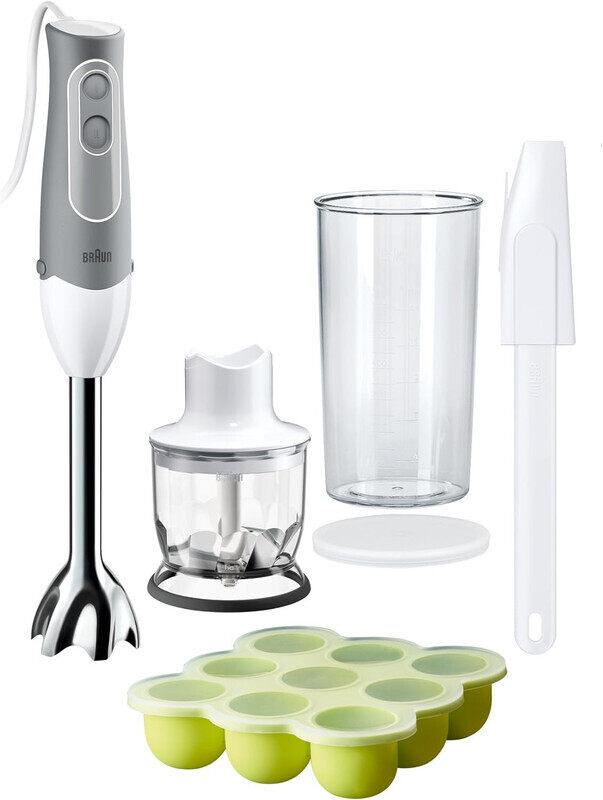 

Braun Multiquick 5 Hand Blender MQ 523 Baby, 600 Watts, 2 Speed Control, 350ml Chopper, Spatula, Freezer container, SplashControl - White