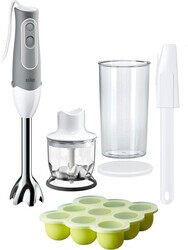 Braun Multiquick 5 Hand Blender MQ 523 Baby, 600 Watts, 2 Speed Control, 350ml Chopper, Spatula, Freezer container, SplashControl - White