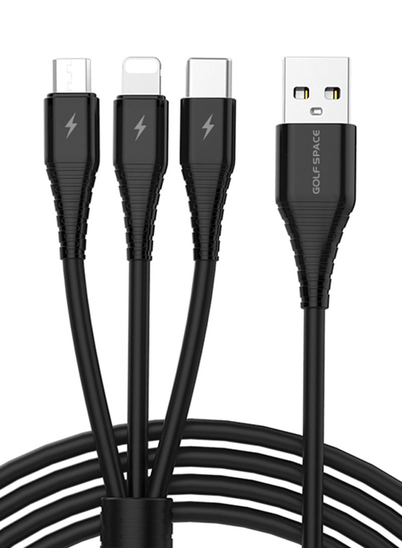 Golf Space 1-Meter Multiple Type Cable, USB Type A Male to Micro-B USB/Lightning/USB Type-C for Mobile Phones, Black