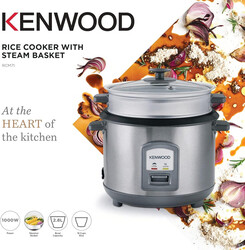 KENWOOD 2-in-1 Rice Cooker 2.8L 16-Cups Rice with Food Steamer Basket, Non-Stick Cooking Pot, Temepered Glass Lid, Warm/Cook Lights, Spatula Holder, Detachable Cord RCM71.000SS Silver