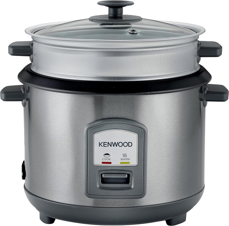 KENWOOD 2-in-1 Rice Cooker 2.8L 16-Cups Rice with Food Steamer Basket, Non-Stick Cooking Pot, Temepered Glass Lid, Warm/Cook Lights, Spatula Holder, Detachable Cord RCM71.000SS Silver