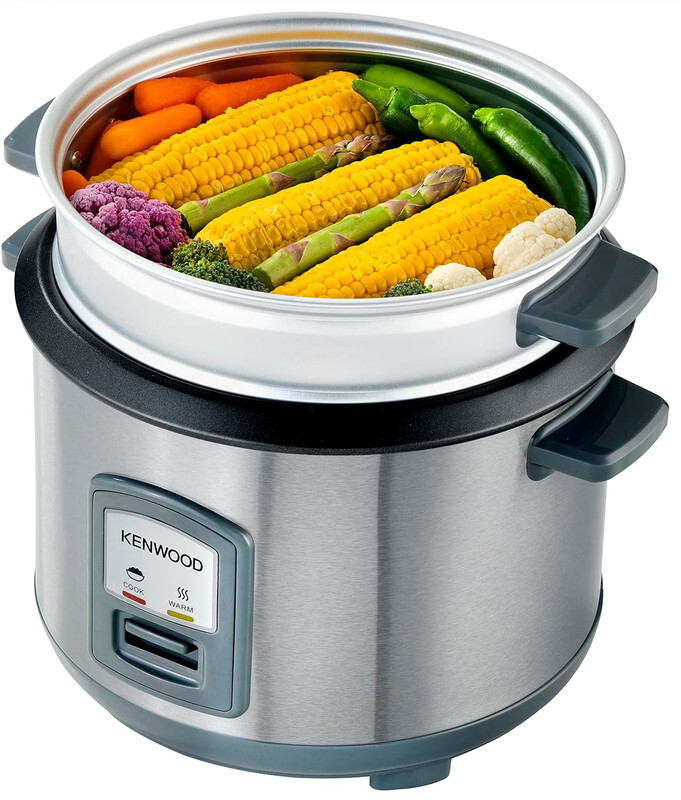 KENWOOD 2-in-1 Rice Cooker 2.8L 16-Cups Rice with Food Steamer Basket, Non-Stick Cooking Pot, Temepered Glass Lid, Warm/Cook Lights, Spatula Holder, Detachable Cord RCM71.000SS Silver