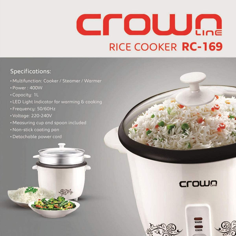 Crownline 1 Liter Rice Cooker with Steamer, 400W, RC-169, White