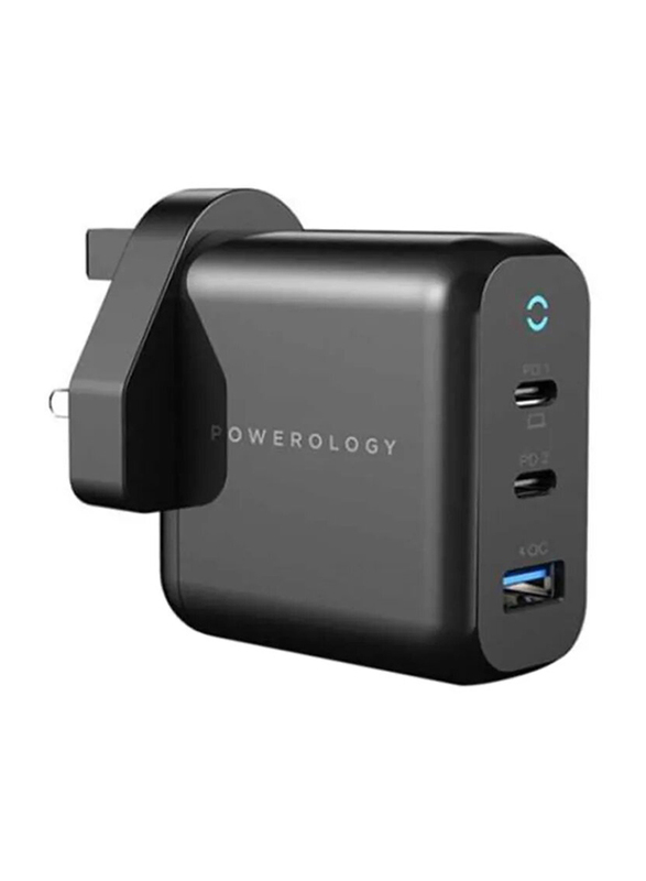 Powerology 65W Quick UK Wall Charger, 3-Port Mobile Charger, Black