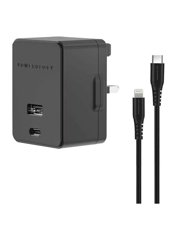 Powerology Dual Port Wall Charger, 30W USB 2.4A + PD 18W with Type-C to MFI 1.2-Meter Lighting Cable, Black
