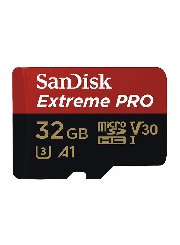 سانديسك إكستريم برو مايكرو إس دي إتش سي بطاقة ذاكرة سعة 32 جيجا بايت بسرعة 100 ميجابايت / ثانية A1 C10 V30 UHS-I U3 مع محول SD و ريسكيو برو ديلوكس ، أسود