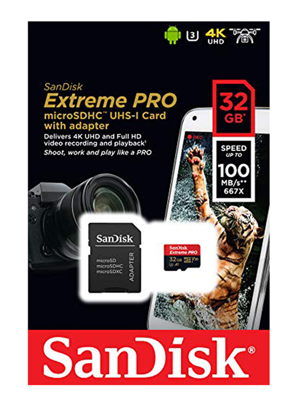 SanDisk 32GB Extreme Pro MicroSDHC 100MB/s A1 C10 V30 UHS-I U3 Memory Card with SD Adapter and Rescue Pro Deluxe, Black