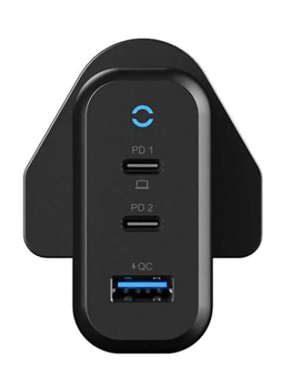 Powerology 65W Quick UK Wall Charger, 3-Port Mobile Charger, Black