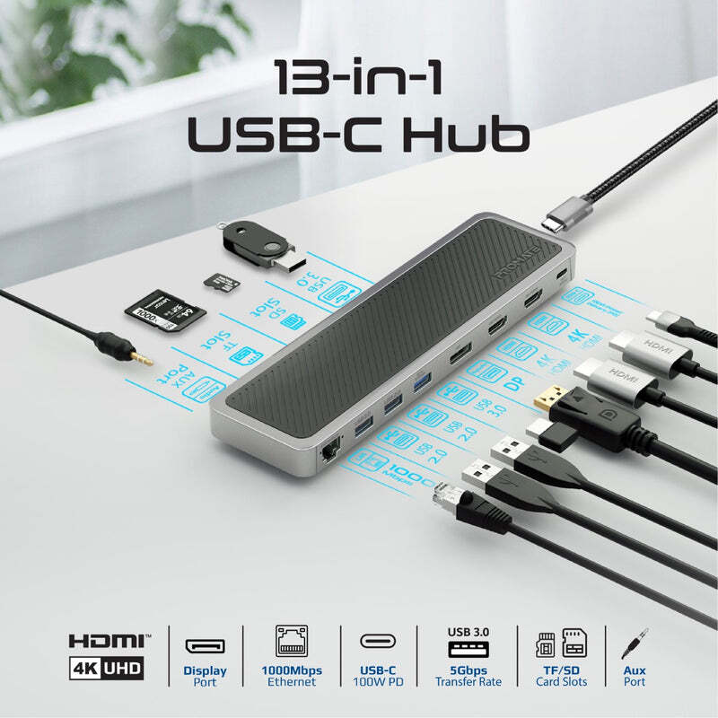 Promate USB-C 13in1 Multi-Display Hub with Dual 4K HDMI- ApexHub-MST