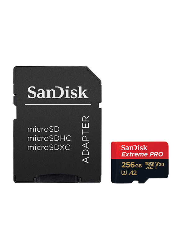 سانديسك إكستريم برو مايكرو إس دي إكس سي بطاقة ذاكرة سعة 256 جيجا بسرعة 170 ميجابايت / ثانية A2 C10 V30 UHS-I U3 مع محول SD و ريسكيو برو ديلوكس ، أسود