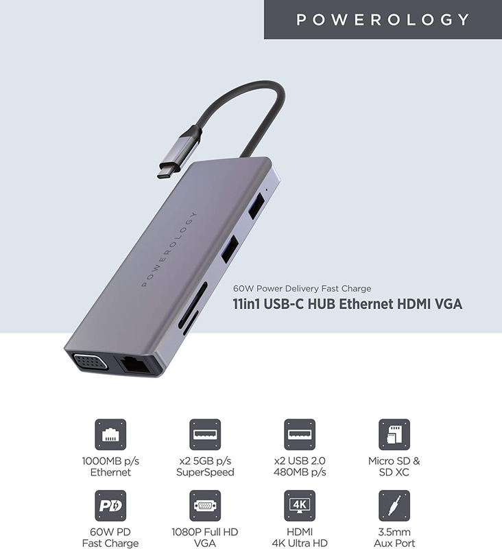 Powerology 11-in-1 60W Super Speed Data Transmission USB-C Hub with USB-C 3.0 Power Delivery Input for PC, Grey
