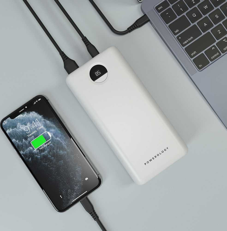 Powerology 30000mAh Quick Charging Power Bank with Power Delivery 3.0, 45W, White