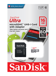 سانديسك ألترا اندرويد فئة 10 مايكرو اس دي اتش سي بطاقة ذاكرة بسعة 16 جيجا ، مع محول إس دي ، 80 ميجا بايت / ثانية ، أسود