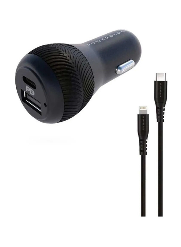 Powerology Dual Port Car Charger with USB Type-C to Mfi Lighting Cable, Black