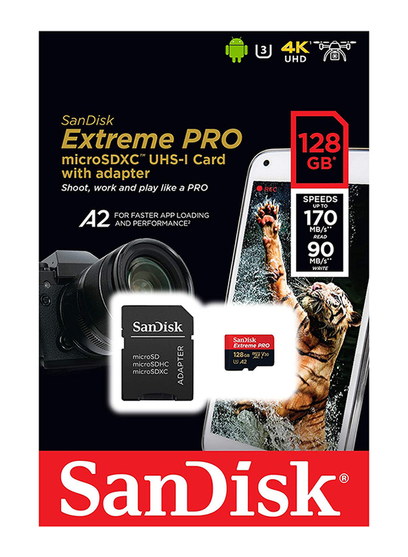 سانديسك إكستريم برو مايكرو إس دي إكس سي بطاقة ذاكرة سعة 128 جيجا بسرعة 170 ميجابايت / ثانية A2 C10 V30 UHS-I U3 مع محول SD و ريسكيو برو ديلوكس ، أسود