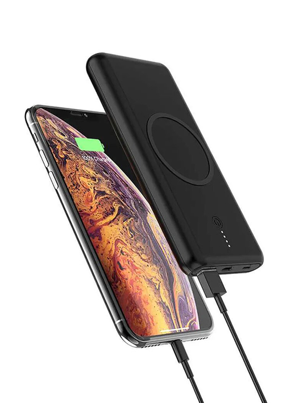 Powerology 10000mAh 2-In-1 Wireless Compact Portable & Light Weight Fast Charging Power Bank with USB Type-C and Lightning Input, Black