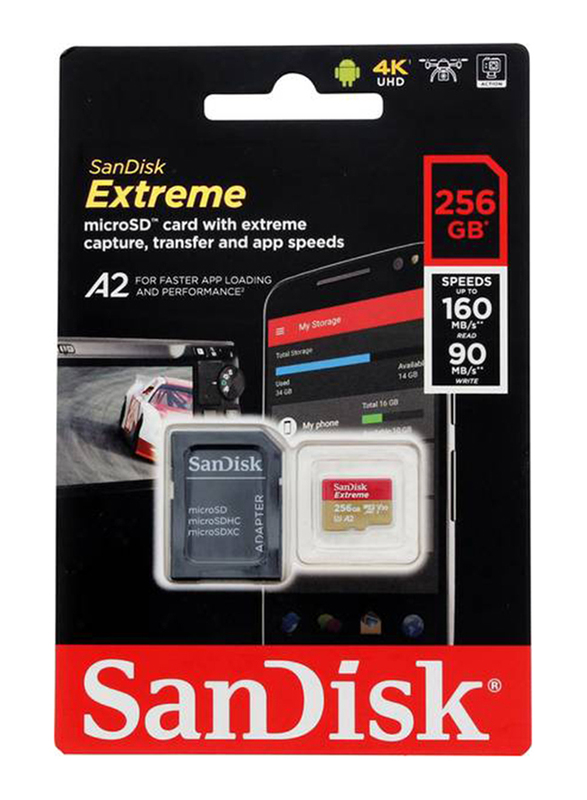 سانديسك إكستريم UHS-I مايكرو إس دي إكس سي بطاقة ذاكرة بسعة 256 جيجا بايت ، محول إس دي و ريسكيو برو ديلوكس ، 160 ميجابايت / ثانية ، أسود