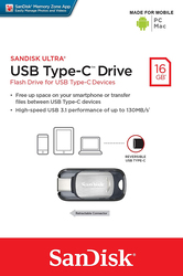 SanDisk 16GB Ultra USB 3.1 Type-C Flash Drive, Grey/Silver/Black