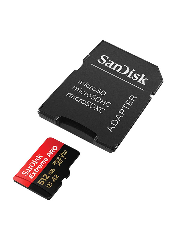 سانديسك إكستريم برو مايكرو إس دي إكس سي بطاقة ذاكرة سعة 512 جيجا بسرعة 170 ميجابايت / ثانية A2 C10 V30 UHS-I U4 مع محول SD و ريسكيو برو ديلوكس ، أسود