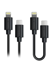 Powerology 0.25-Meter/0.9-Meter Lightning Adapter Cables, 2-Pieces, USB Type-C Male to Lightning Cable, Black