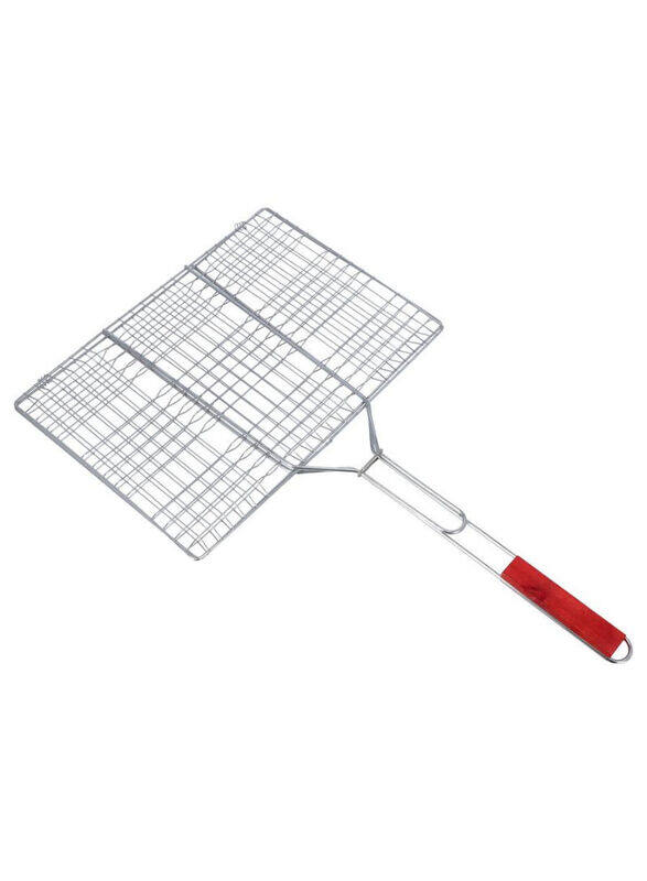 

Royalford Iron Barbeque Grill Basket with Handle, Silver/Red