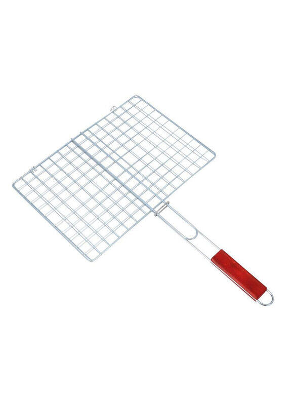 

Royalford Iron Barbeque Grill Basket with Wooden Handle, Silver/Red