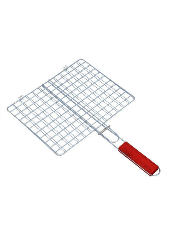 

Royalford Iron Barbeque Grill Basket With Wooden Handle, Silver/Red
