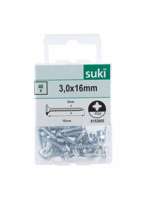 

Suki 0.3 x 16mm 40 Piece Backwall Steel Screw Pack, Silver