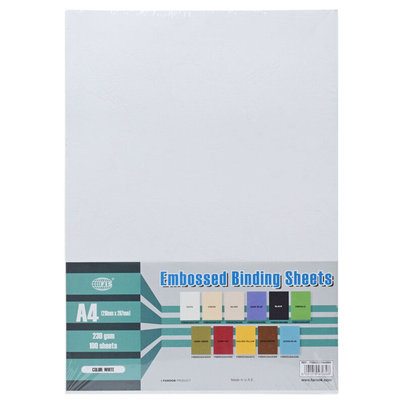 

FIS Embossed Binding Sheets, A4 Size(21.0x29.7cm), 230 Gsm, 100 Sheets, White Color - FSBDE230A4WH