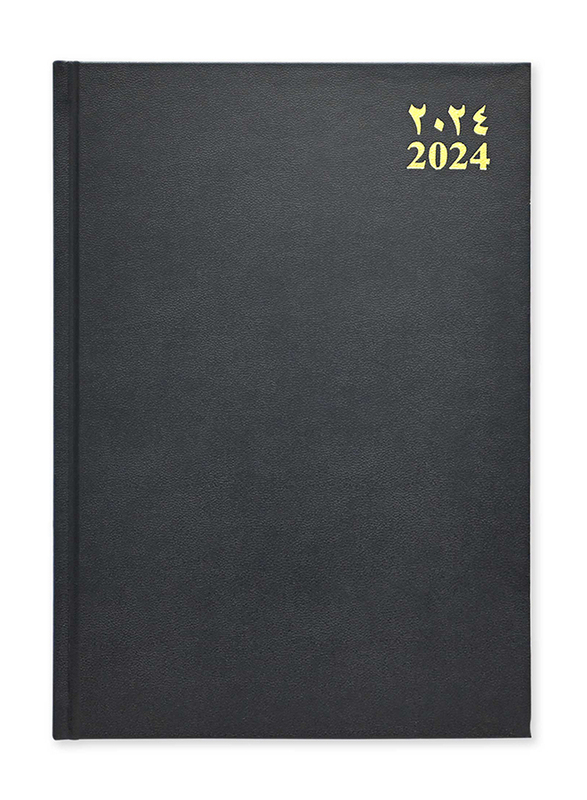 FIS 2024 Arabic/English Vinyl Hard Cover Agenda Diary, 400 Sheets, 60 GSM, FSDI75AEV24BK, Black