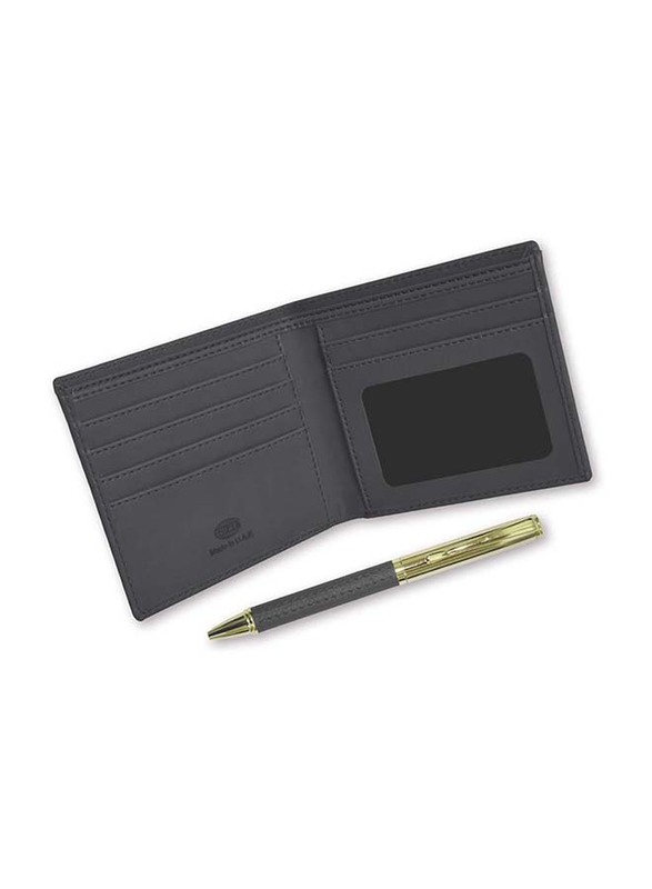 إف آي اس محفظة ثنائية الطي الإيطالية من البولي يوريثان ومجموعة هدايا على شكل قلم للرجال, FSCLWPBK, أسود