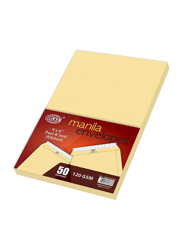 FIS Manila Envelopes Peel & Seal, 9 x 6 inch, 120GSM, 50 Pieces, Beige