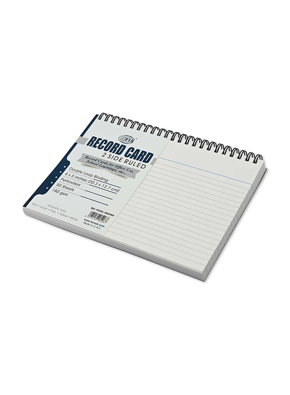FIS Ruled Double Loop Spiral Binding Record Card, 8 x 5 Inch, 50 Sheets, 180 Gsm, FSIC85-180SPWH, White