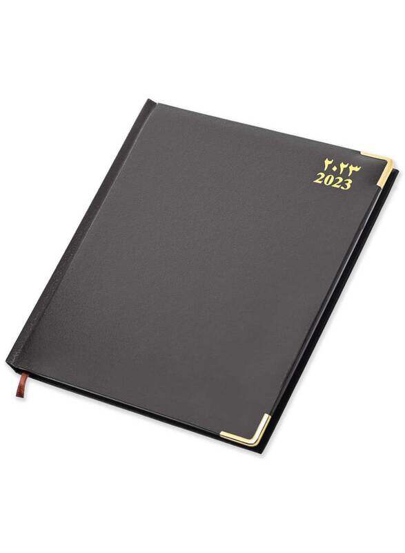 

FIS 2023 Arabic/English/French Executive Diary with Vinyl 1-Side Padded Gold Corner, 128 Sheets, 70 GSM, FSDI89AEFVG23CH, Chocolate