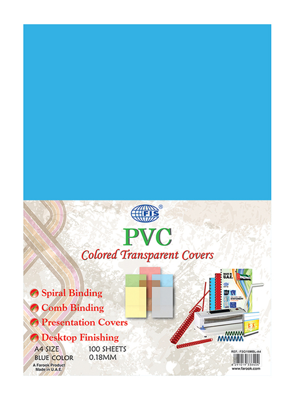 FIS 180 Micron PVC Colored Transparent Covers, 100 Pieces, FSCI18MBL-A4, Blue