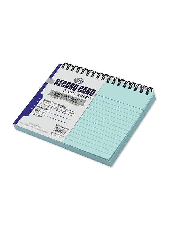 FIS Ruled Double Loop Spiral Binding Record Card, 6 x 4 Inch, 50 Sheets, 180 Gsm, FSIC64-180SPBL, Blue