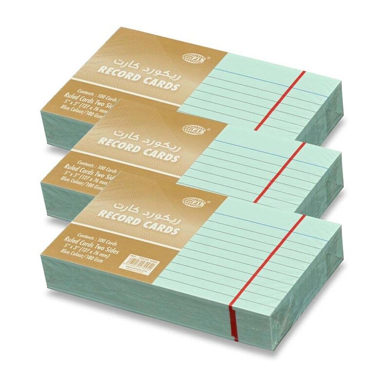 

FIS Ruled Record Cards or Index Cards, Size:5"x3" Inches (127x76mm), Two Sides Single Ruled, 180gsm, 100 Sheets Per Packet, Packet of 3 Pieces, Blue C