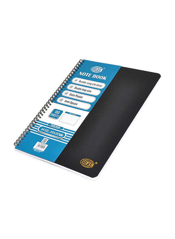 FIS Pp Spiral Notebook, 5mm Square, 100 Sheets, 70Gsm, A4 Size, FSNBA45PPBK, Black/Blue