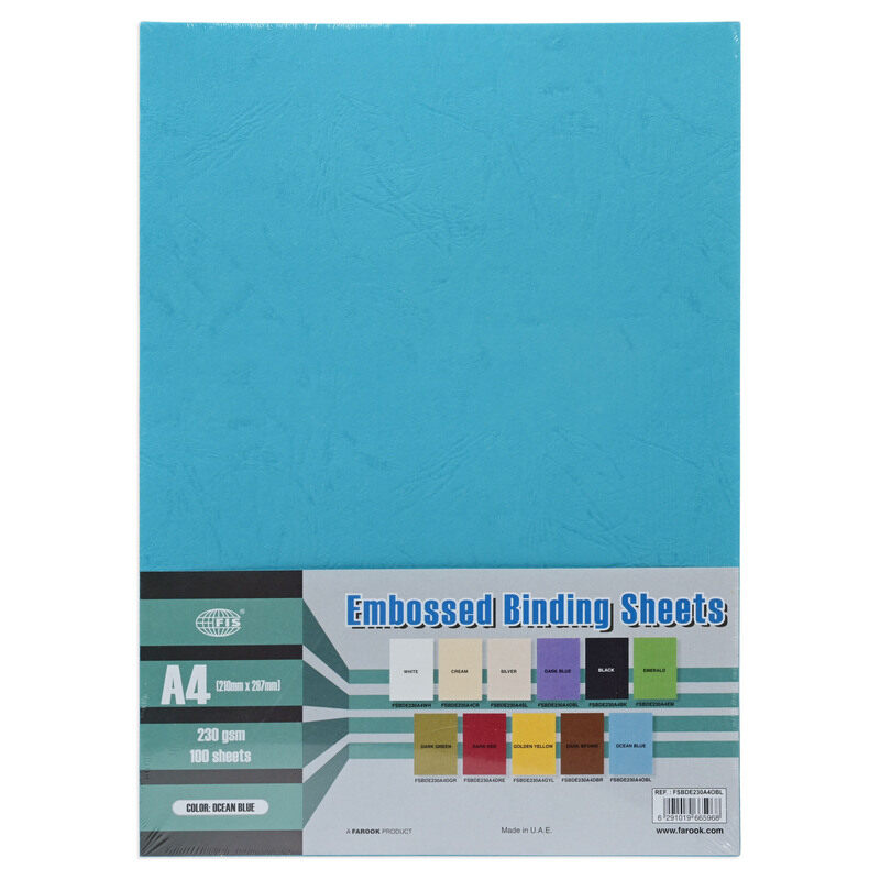 

FIS Embossed Binding Sheets, A4 Size(21.0x29.7cm), 230 Gsm, 100 Sheets, Ocean Blue Color - FSBDE230A4OBL